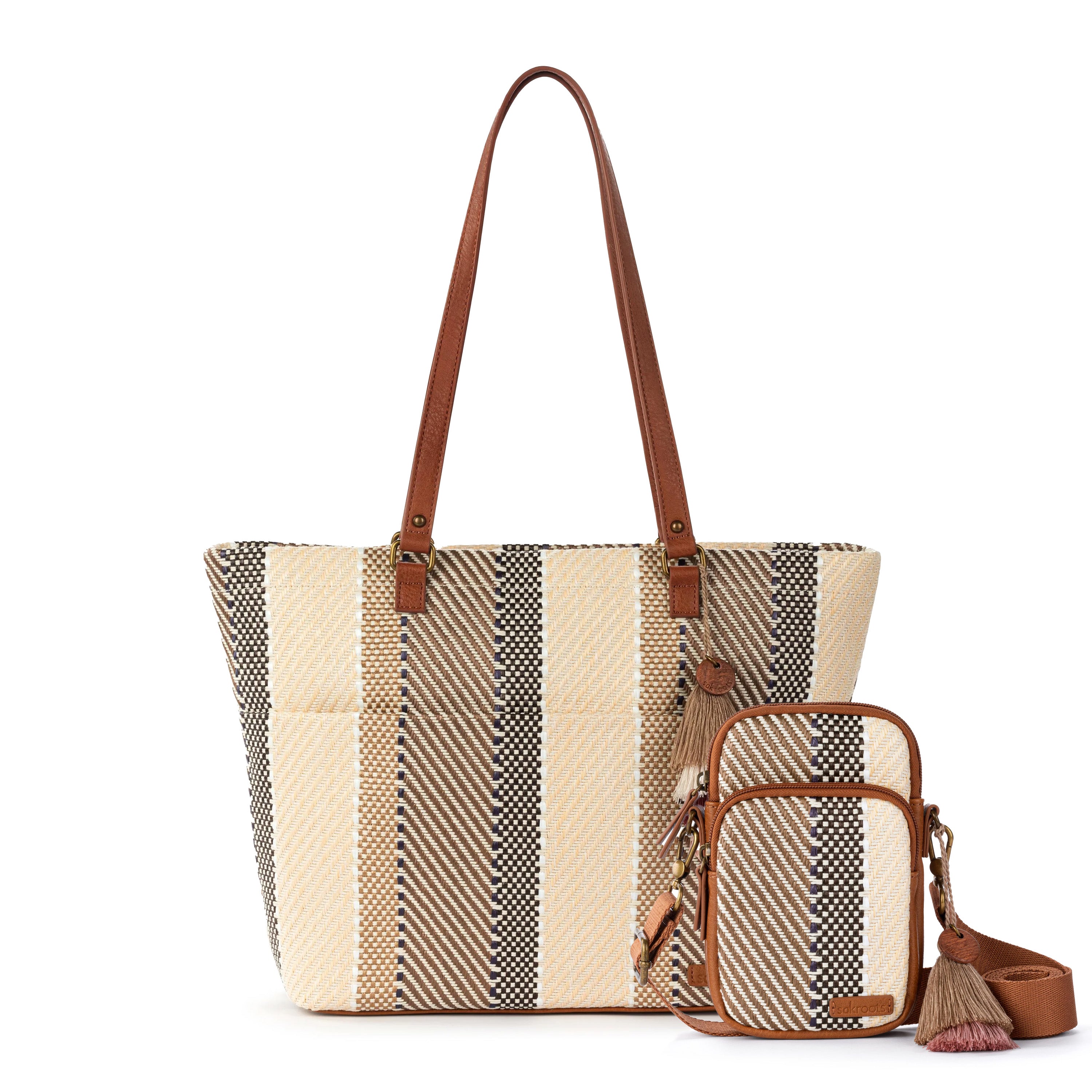 Cream and black striped tote bag with brown leather handles and matching small crossbody smartphone bag with tassel.